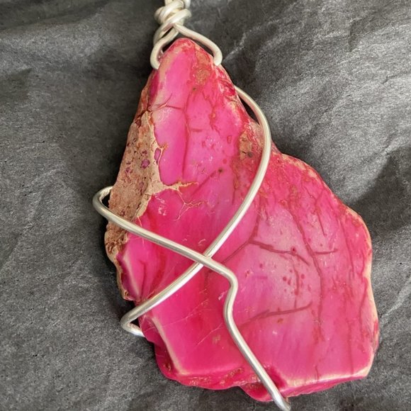 Pink Jasper Chunk Wire Wrapped Pendant Handcrafted - Picture 3 of 4